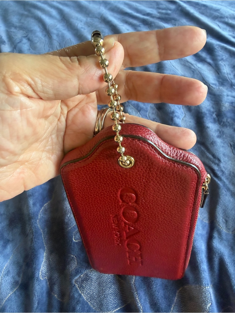 Coach Red Pebbled Leather Chain Wristlet Pouch with Gold Accents - Picture 14 of 16